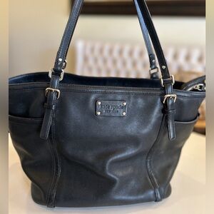 KATE SPADE Large Bag Black Leather Zip Tote Gold Hardware, Double Straps Purse